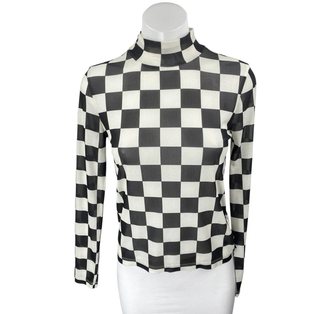 Vans Position Checker Women's Black White Checkered Mock Neck Mesh Top Size XS